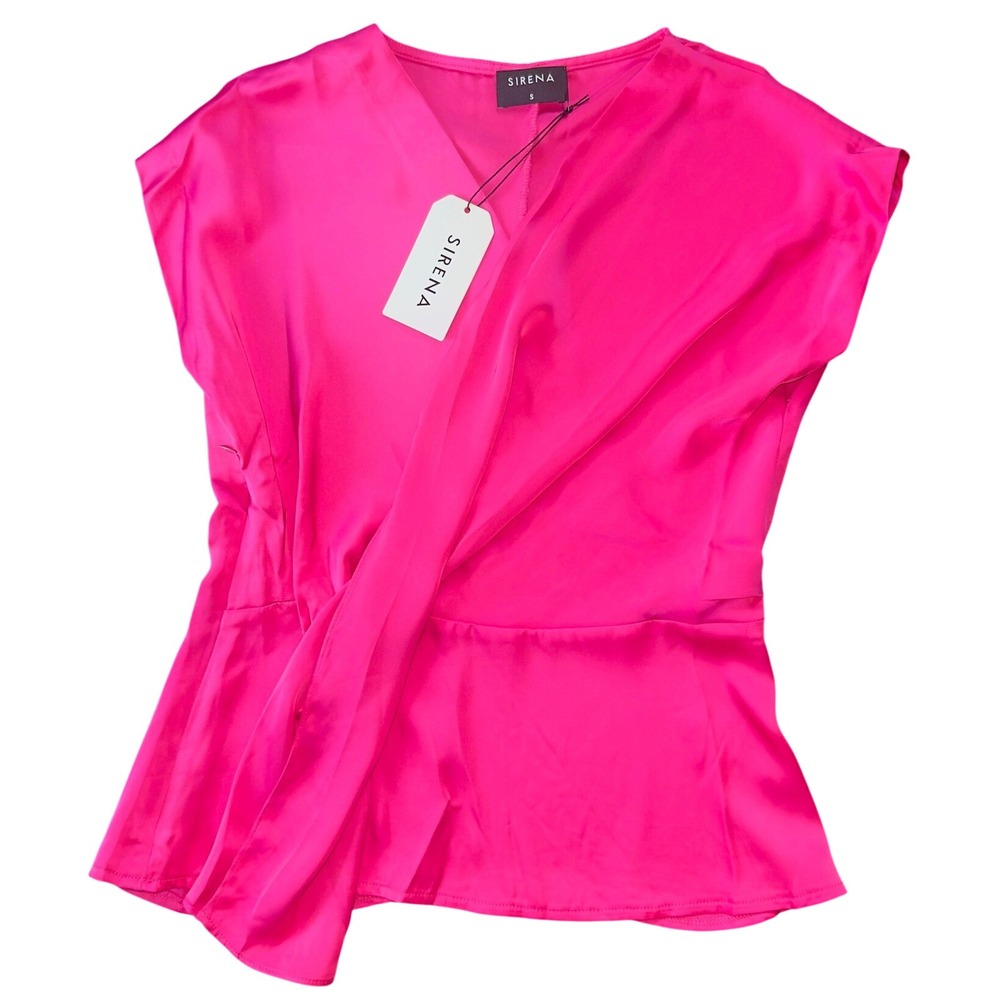 Sirena Satin Draped V-Neck Blouse Women Size S Pink Cap Sleeve New With‎ Tags